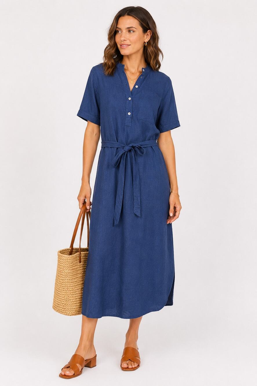Banana Republic Linen Blend Midi Shirt Dress M Blue Tie Waist Pockets Coastal